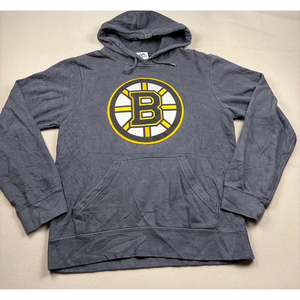 Boston Bruins Majestic Hoodie Mens Small Gray NHL Hockey Sweatshirt Logo Patch